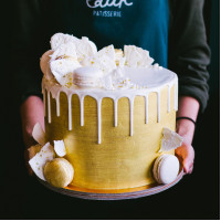 Gold Painted Cake with Macarons and Candy Shards