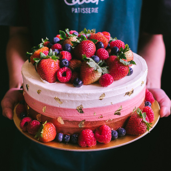 Rose Gold Ombre Striped with Gold Leaves and Assorted Berries