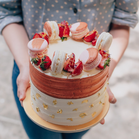 Rose Gold, Macarons & Strawberries Cake