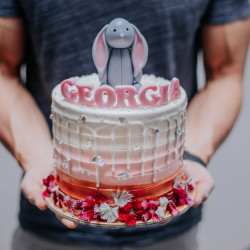 Rose Gold Ombre Striped Cake with Edible Flowers & Fondant Rabbit Topper
