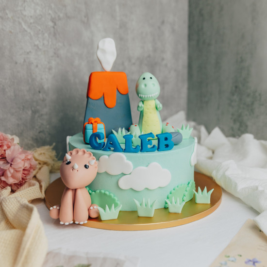 Volcano Cake with Fondant Dinosaurs