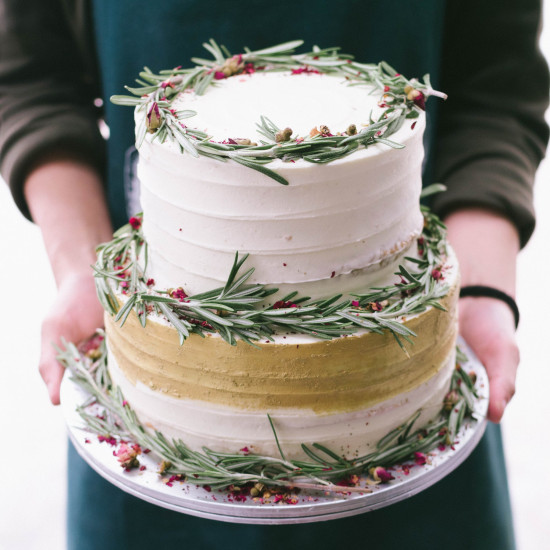 Two Tier Rustic Rosemary and Rose Petal Wreath and Gold Accent